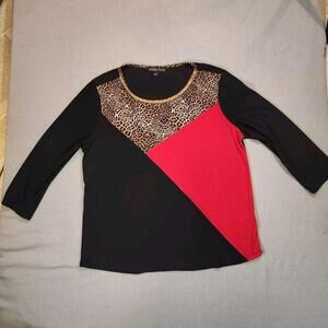 Vintage Rose Colorblock Blouse‎ Leopard Black Red Beaded Trim Mob Wife Large